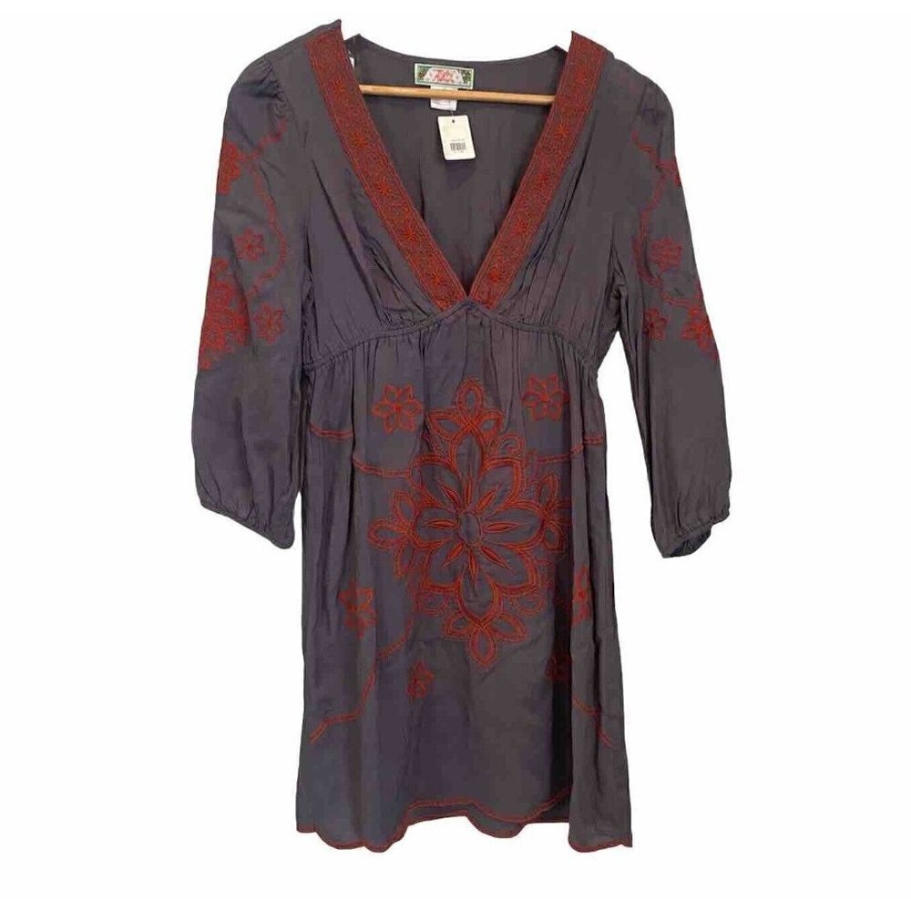 Flying Tomato Grey Orange Boho Embroidered Dress Medium NWT 3/4 Sleeves